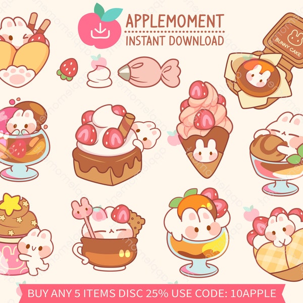 Cute Kawaii Printable Digital Stickers Clipart Strawberry Chocolate Dessert Bunny, PNG, Goodnotes, Commercial