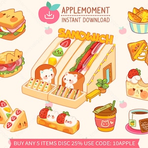 Lindas pegatinas digitales imprimibles Kawaii Clipart Kitty Cat Sandwich Shop, PNG, Goodnotes, Comercial
