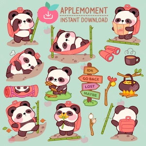 Simpatici adesivi digitali stampabili Kawaii Clipart Animali Panda che fanno escursionismo, PNG, commerciale