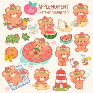 Simpatici adesivi digitali stampabili Kawaii Clipart Orso bruno Beach Summer Vacation, PNG, commerciale