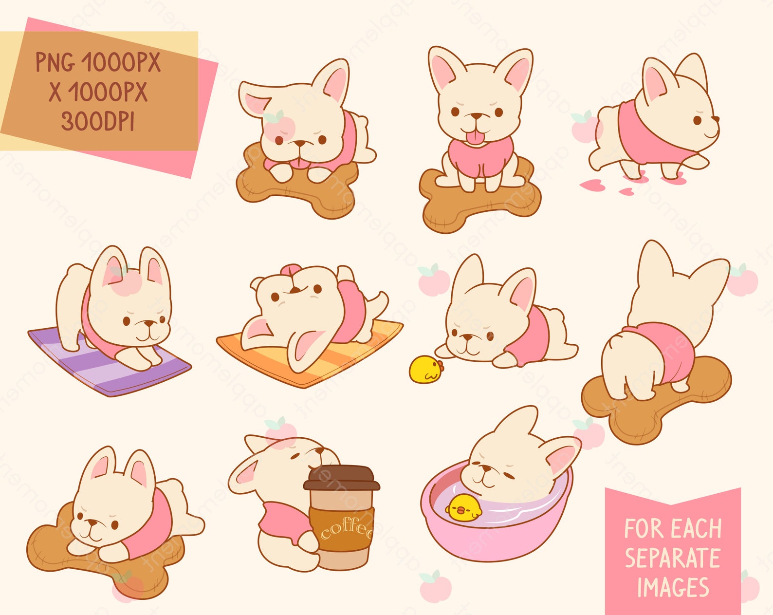 Cute Kawaii Printable Digital Stickers Clipart Pink French Bulldog ...