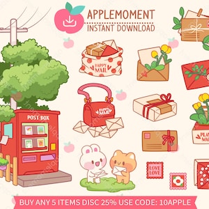 Kawaii Post Box Clipart Stickers: Bunny, Kitty, Happy Mail (PNG Digital Download)