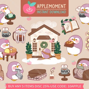 Lindo Kawaii Imprimible Pegatinas Digitales Clipart Animal Invierno Pingüino Acogedor Hygge Vida Diaria, PNG, Goodnotes, Comercial