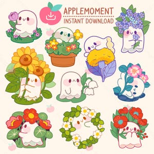 Süße Kawaii druckbare digitale Aufkleber Clipart Blume Halloween Geist, PNG, kommerziell