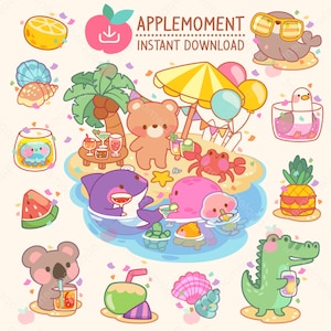 Stickers numériques imprimables kawaii mignons Clipart animaux Beach Party vacances d'été, PNG, commercial