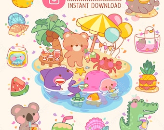 Kawaii Strand Tiere Clipart Aufkleber, Strand PNG (digitaler Download)