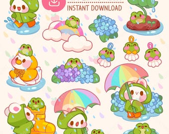 Kawaii Rainy Day Clipart Aufkleber, Bunny and Frog (PNG, digitaler Download)