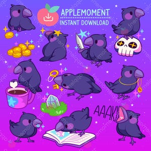 May include: A set of 12 digital stickers featuring a purple cartoon crow in various poses. The crow is holding a coffee cup, a key, a book, a knife, a skull, and a gold necklace with a red gem. The stickers are set against a purple background with stars and other decorative elements.