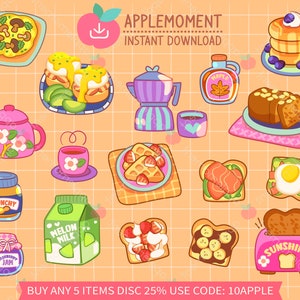 Lindo Kawaii Imprimible Digital Pegatinas Clipart Desayuno Colorido, PNG, Comercial