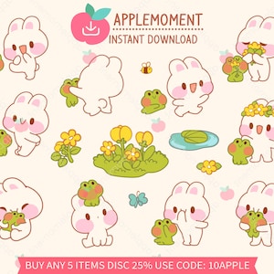 Süße Kawaii druckbare digitale Aufkleber Clipart Illustration täglich von Frosch und Hase, PNG, kommerziell