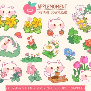 Niedliche Kawaii druckbare digitale Aufkleber Clipart Kitty Katze und Blumen, Pflanzen, PNG, Goodnotes, kommerziell