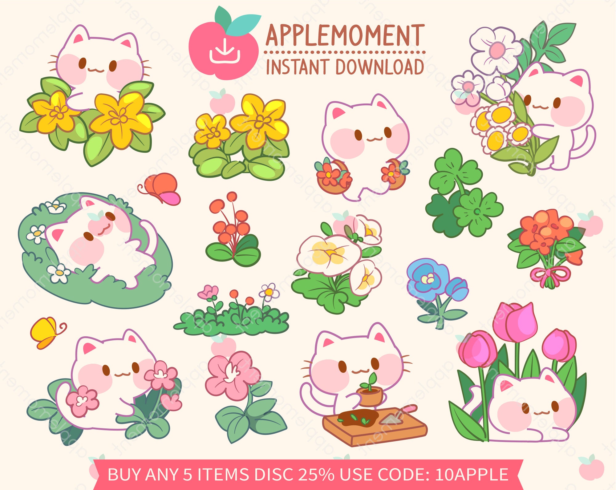 かわいい子猫のクリップアートステッカー：花と植物（PNG、Goodnotes