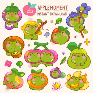 Stickers numériques imprimables kawaii mignons Clipart animaux fruité grenouilles, PNG, commercial