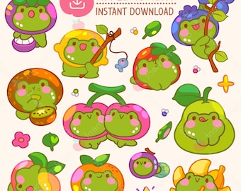 Kawaii Frog Clipart Stickers, Fruity Animals, PNG (Digital Download)