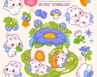Kawaii Feenhasen-Clipart-Sticker, Pilz, Karotte, Blaubeere, Kommerziell (Digitaler Download)