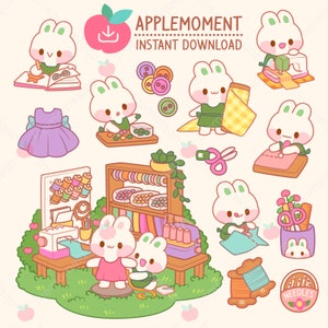 Lindo Kawaii Imprimible Digital Pegatinas Clipart Conejito Conejo Haciendo Ropa, PNG, Comercial