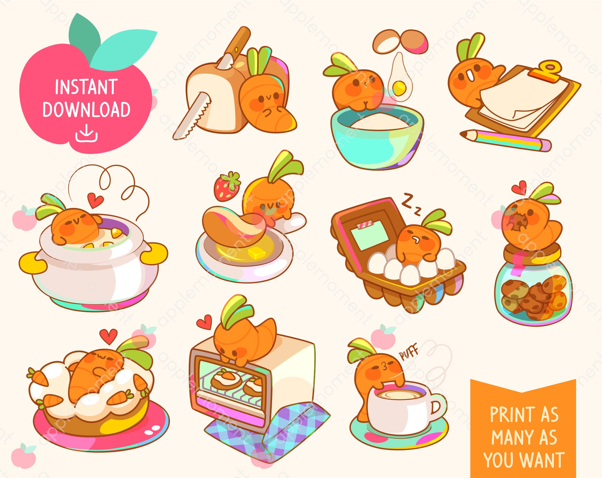 Cute Kawaii Printable Digital Stickers Clipart Rainbow Orange Carrot, Kitchen Cooking Food, Printable Planner Stickers, PNG, Commercial