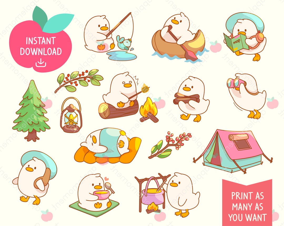 Cute Kawaii Printable Digital Stickers Clipart Camping Duck on Vacation ...