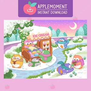 Süße Kawaii druckbare digitale Kunst Druck Clipart Winter Tiere Eis Pinguin, PNG, kommerzielle