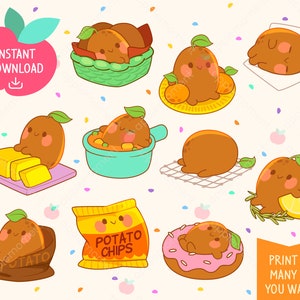 Lindas pegatinas digitales imprimibles Kawaii Clipart Rainbow Potato, Food and Chips, pegatinas imprimibles del planificador, PNG, comercial