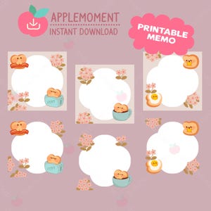May include: A set of six square printable memo sheets on a mauve background. Each sheet features a white cloud-shaped writing area decorated with pink flowers and cartoon bread characters in toasters, mugs, or with eggs and bacon.