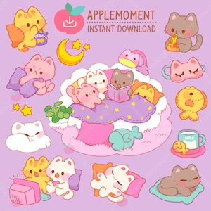 Süße Kawaii druckbare digitale Aufkleber Clipart Tiere Sleepovers Katzen, PNG, kommerzielle