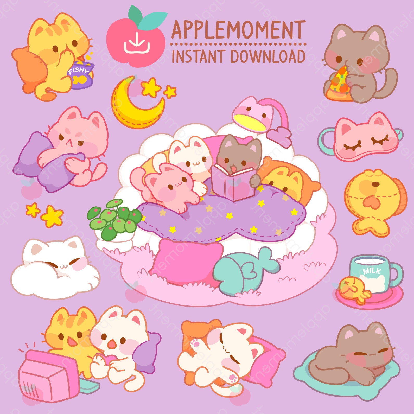 Cute Kawaii Printable Digital Stickers Clipart Animals Sleepovers Cats, PNG, Commercial