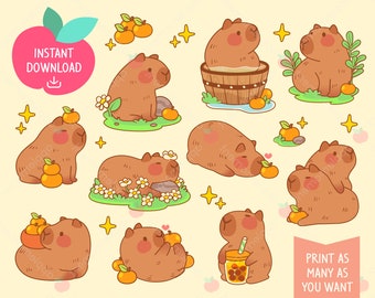 Cute Kawaii Printable Digital Stickers Clipart Orange Giant Cavy Rodent Capybara, Daily Life, Printable Planner Stickers, PNG, Commercial