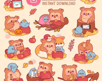 Kawaii Herbst Tiere Clipart Aufkleber, Eule und Vogel beobachten TV (PNG, Digital)