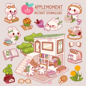 Süßes Kawaii druckbare digitale Aufkleber Clipart Tier weißer Academia Hase, PNG, kommerziell