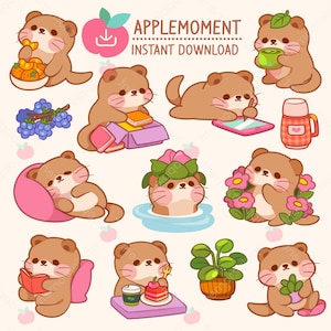 Carino Kawaii stampabile adesivi digitali Clipart animale lontra vita quotidiana, PNG, commerciale