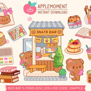 Süße Kawaii druckbare digitale Aufkleber Clipart Illustration Bär Studie an der Snackbar, PNG, kommerziell