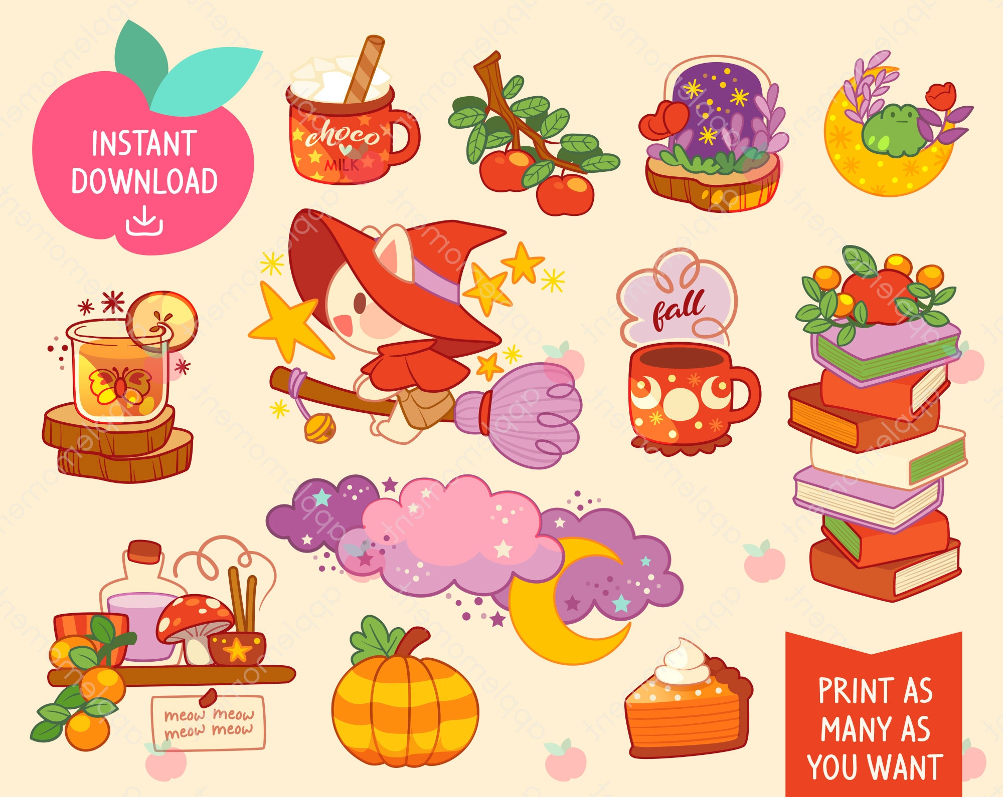 Cute Kawaii Printable Digital Stickers Flying White Cat Witch, Daily Life, Printable Planner Stickers, PNG, Commercial