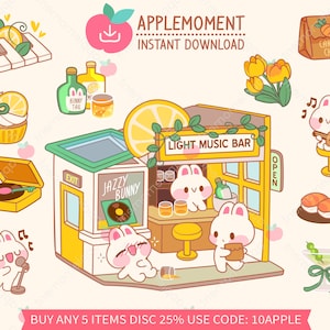 Süße Kawaii druckbare digitale Aufkleber Clipart Illustration Licht Musik Bar Getränke Hase, PNG, Werbung