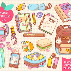 Cute Kawaii Digitale Clipart Hase Studie, Schule und Schüler, druckbare Planer Sticker, Cricut und Silhouette, Kommerzielle Nutzung
