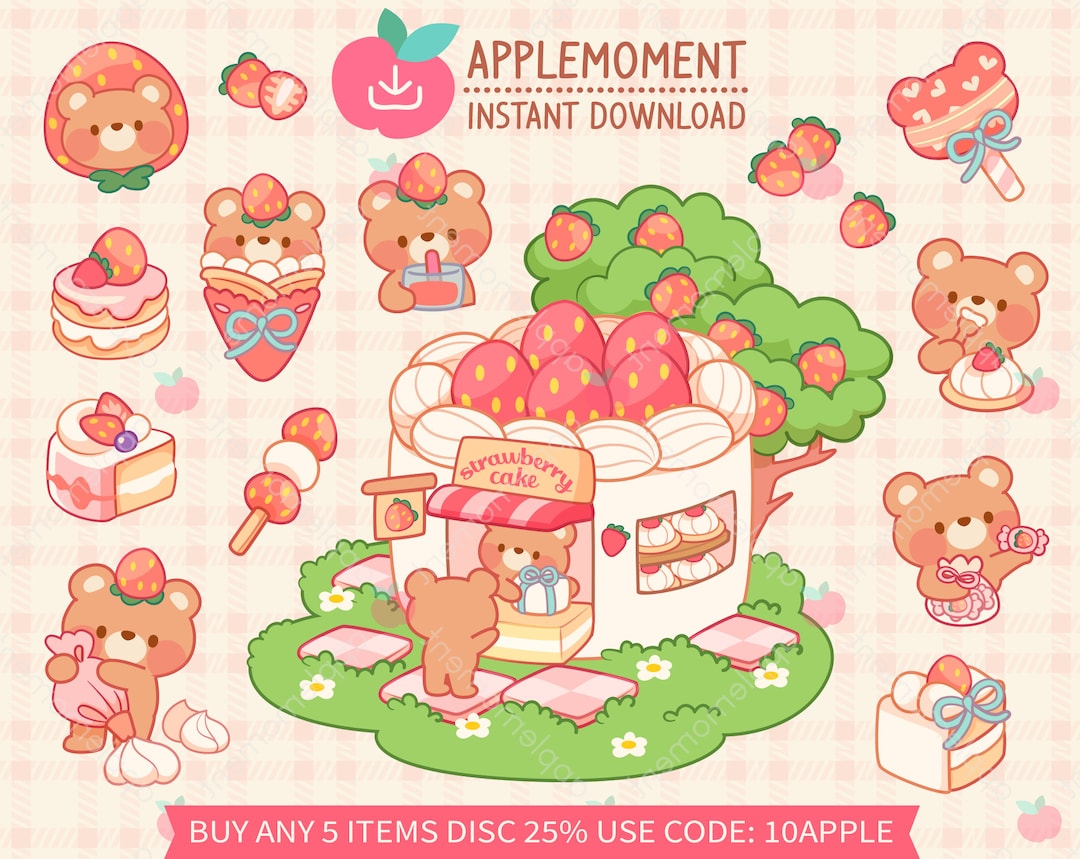Cute Kawaii Printable Digital Stickers Clipart Illustration Strawberry ...