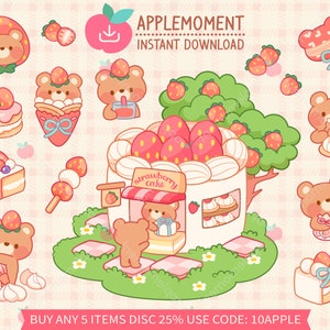 Schattig Kawaii afdrukbare digitale stickers clipart illustratie Strawberry Bear Cake, PNG, commercieel