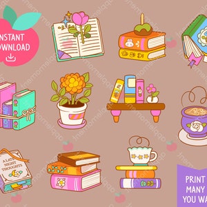 Adesivos digitais fofos para impressão Kawaii Clipart Livros de flores de arco-íris, plantas e bebidas, adesivos de planejador para impressão, PNG, comercial
