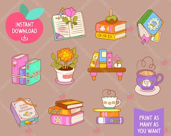 Kawaii Regenbogen Stickers: Bücher, Pflanzen, Getränke Clipart (PNG Digital Download)