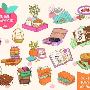Śliczny Kawaii Arkusz Naklejek Przytulny Hygge, Dziennik, Kawiarnia, Książki, Dom, Ciepły, Naklejki Do Planera Do Wydruku, Cricut i Silhouette, Komercyjny