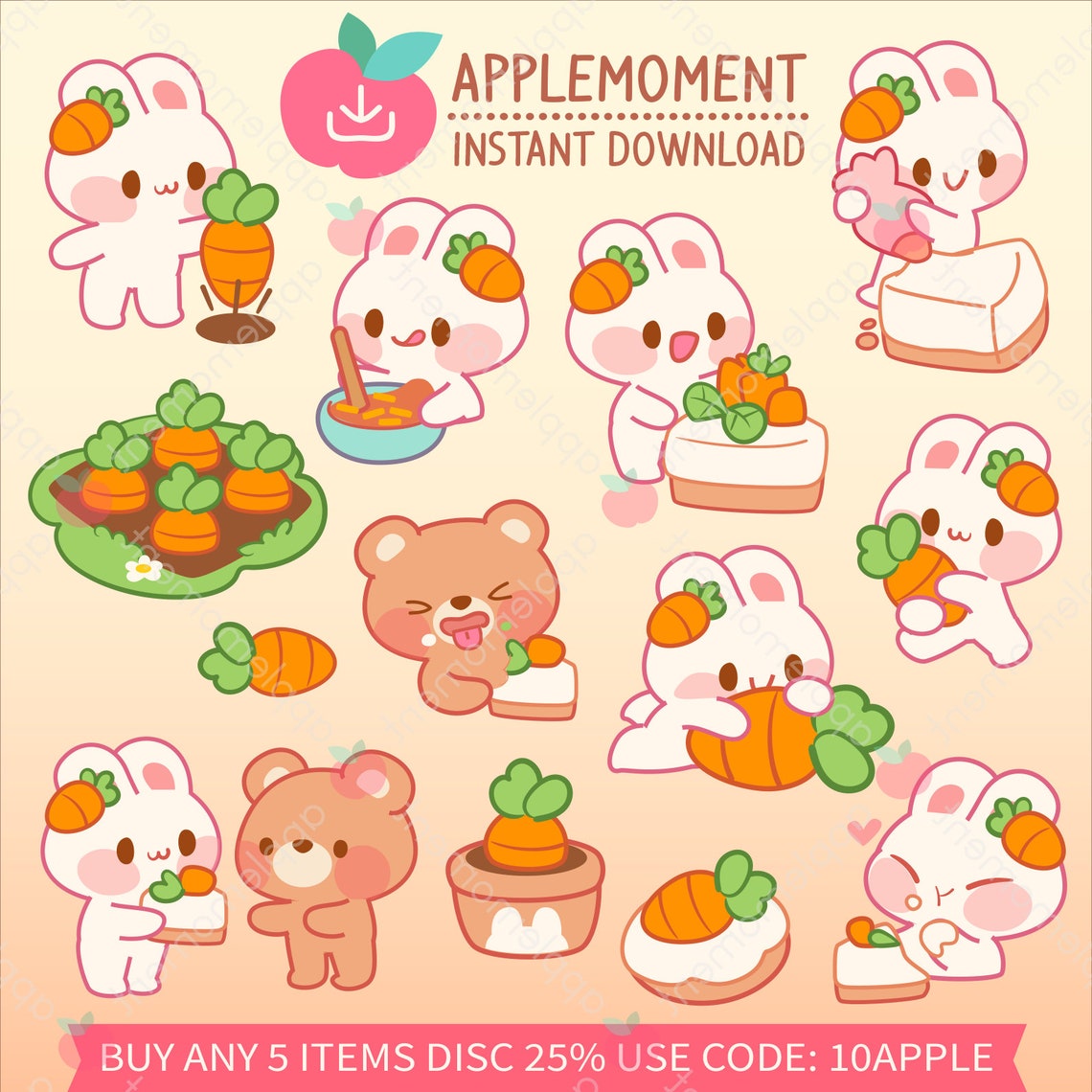 Cute Kawaii Printable Digital Stickers Clipart Bunny Rabbit Gardening ...
