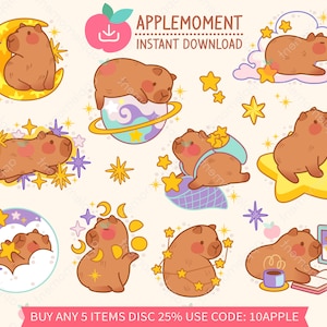 Süße Kawaii druckbare digitale Aufkleber Clipart Illustration Capybara, PNG, kommerziell