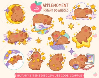 Cute Kawaii Printable Digital Stickers Clipart Illustration Celestial Capybara, PNG, Commercial