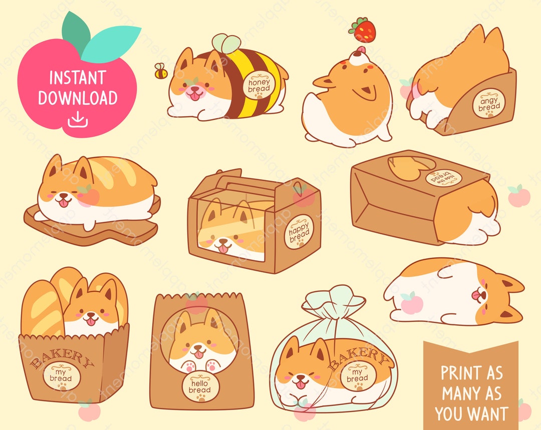 Cute Kawaii Printable Digital Stickers Clipart Bread Corgi Bakery, Food ...