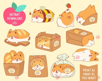 Cute Kawaii Printable Digital Stickers Clipart Bread Corgi Bakery, Food and Dog, Printable Planner Stickers, PNG, Commercial