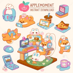 Cute Kawaii Printable Digital Stickers Clipart Illustration Gaming Shiba Dog, PNG, Commercial