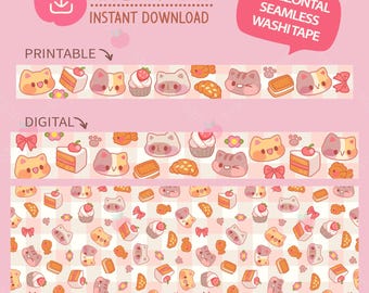 Kawaii Katze und Essen horizontale nahtlose Washi Tape, druckbare PNG Dateien (digitaler Download)