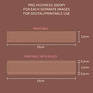 May include: A brown rectangular design with dotted lines, labeled "PRINTABLE" and "PRINTABLE WITH BLEED." Dimensions are provided in centimeters: 15cm long and 1.5cm high, with an additional 0.2cm bleed. Text at the top reads "PNG HIGHRESS 300DPI FOR EACH SEPARATE IMAGES FOR DIGITAL/PRINTABLE USE."