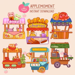 Cute Kawaii Printable Digital Stickers Clipart Night Market Stall, PNG, Commercial