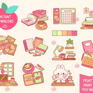 Niedliche Kawaii druckbare digitale Aufkleber Clipart Regenbogen Studie Briefpapier Bunny Rabbit, druckbare Planner Aufkleber, PNG, kommerziell